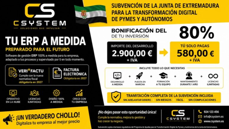 La Junta de Extremadura subvenciona el 80% de un ERP a medida para pymes y autónomos de Badajoz en 2025