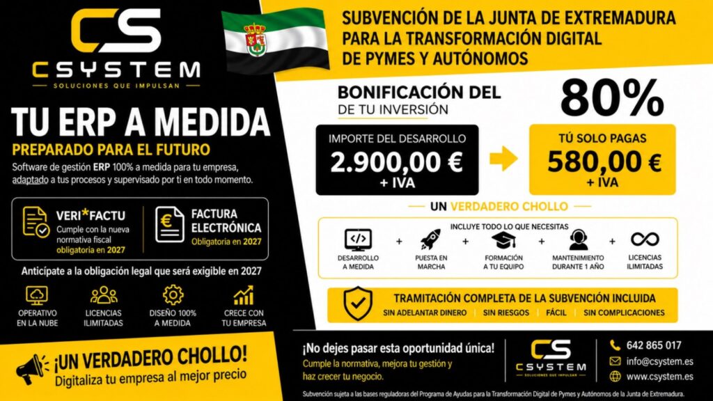 La Junta de Extremadura subvenciona el 80% de un ERP a medida para pymes y autónomos de Badajoz en 2026