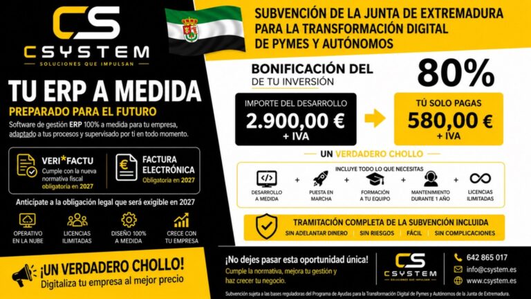La Junta de Extremadura subvenciona el 80% de un ERP a medida para pymes y autónomos de Badajoz en 2026