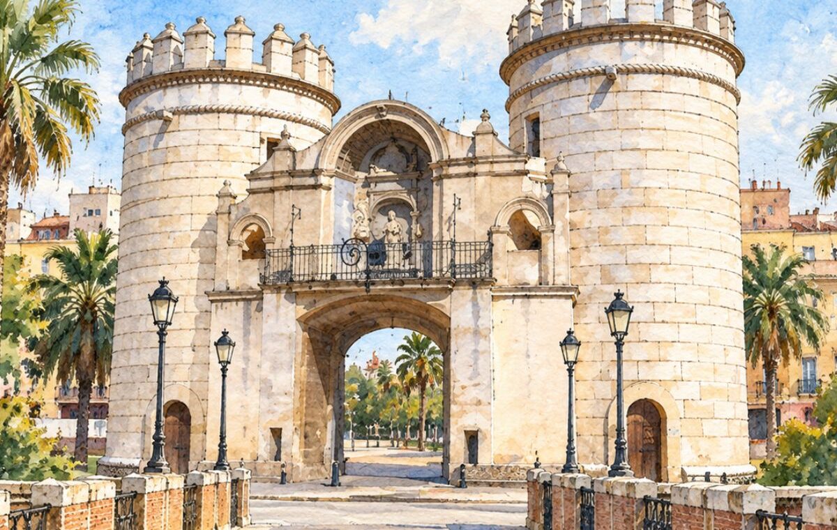puerta de palmas acuarela
